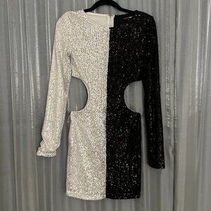 two tone sequin silhouette black and white mini dress